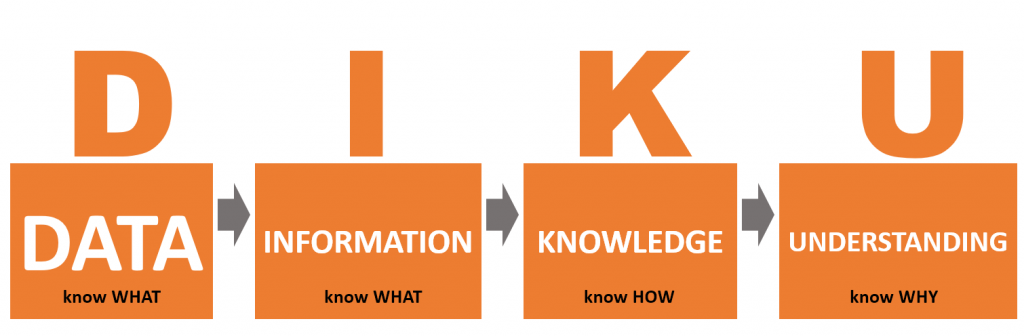 Hierarchy of data (know what) that can lead to information (know what), knowledge (know how) and understanding (know why)